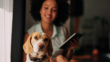 A pet owner spending time with her dog